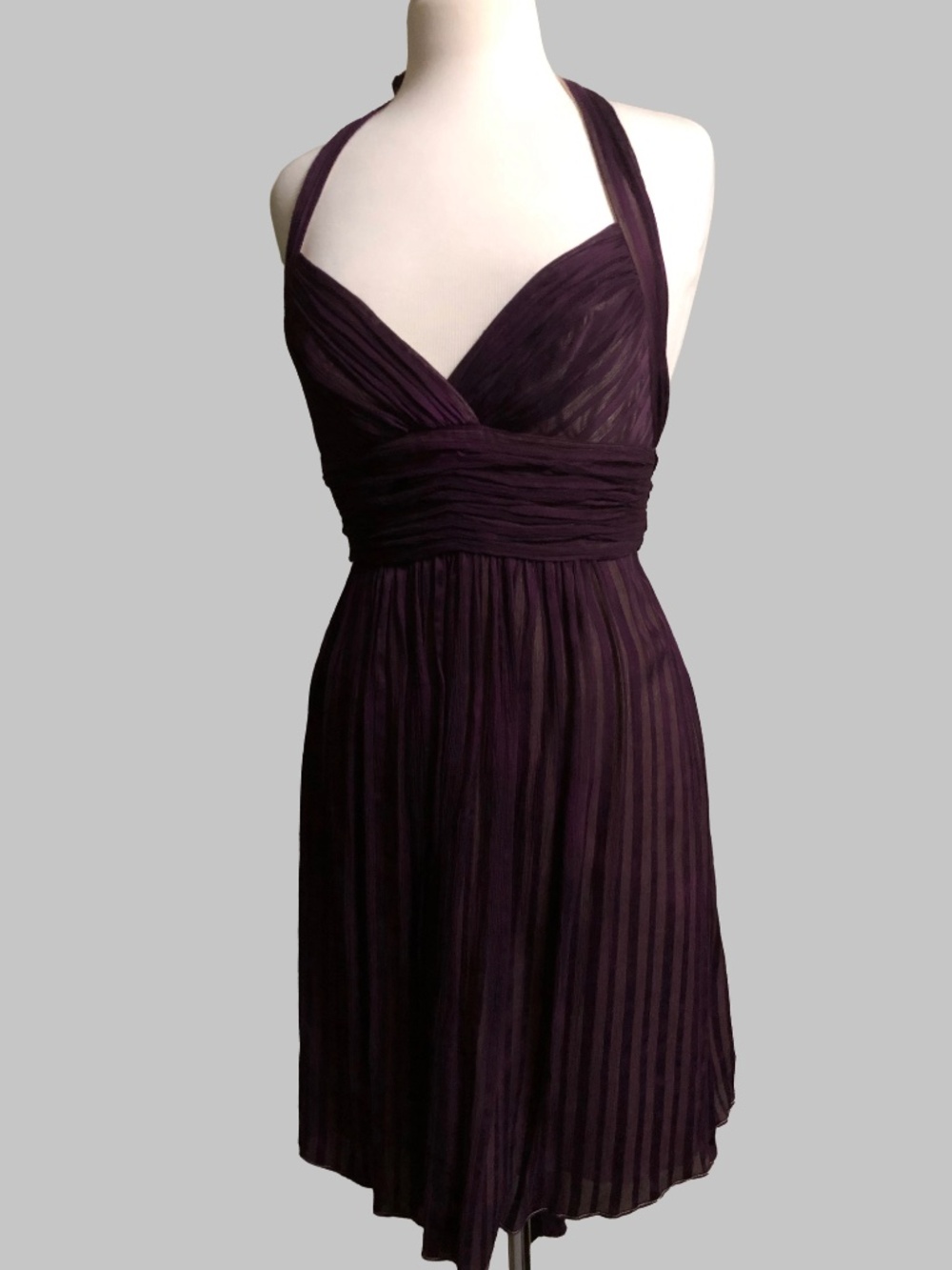 BCBGMAXAZRIA Couture Y2K Silk Halter Empire Dress Purple Striped Chiffon 6 8